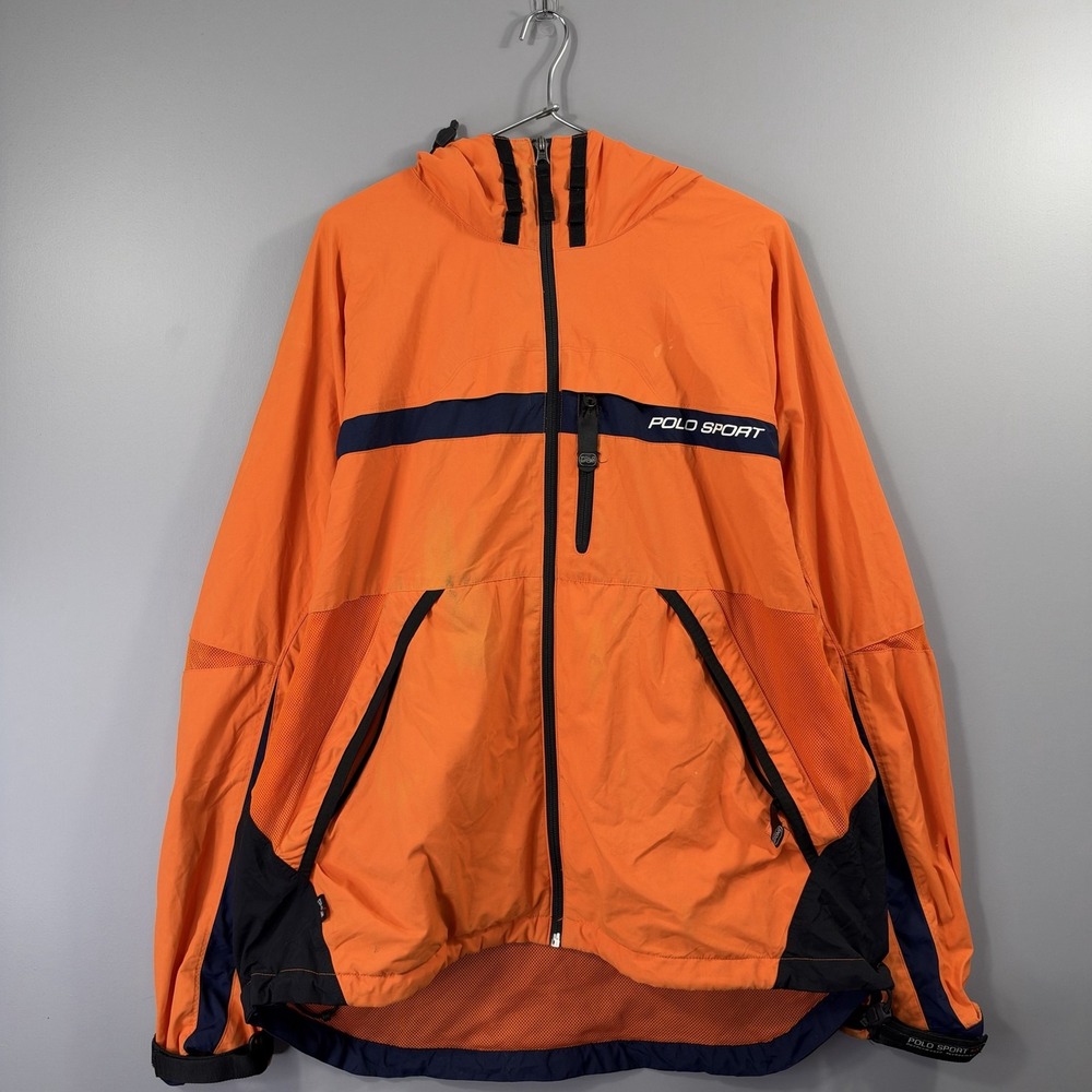 Polo Sport Ralph Lauren Jacket Mens Large Orange Hooded Windbreaker Mesh Outdoor